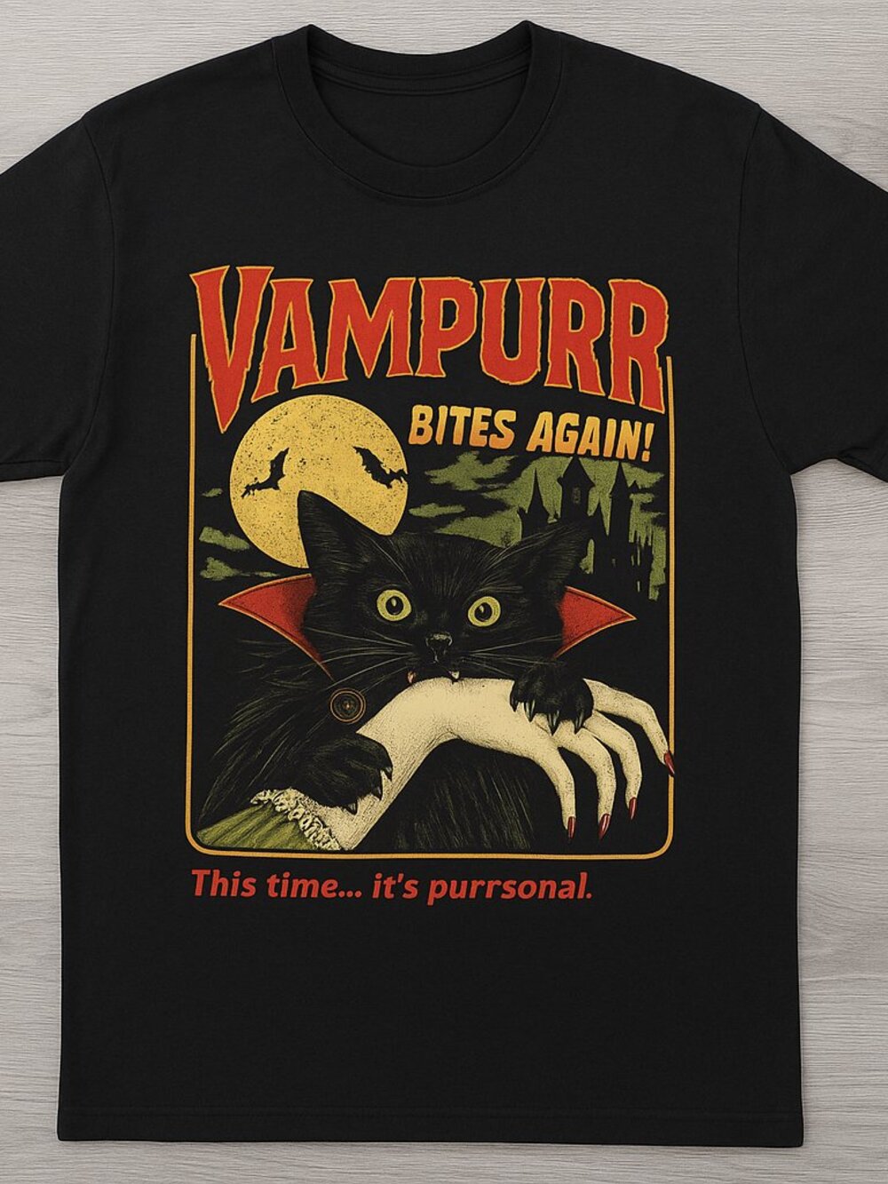 Vampurr Bites Again Vintage Halloween Cat Graphic Tee Washed Black